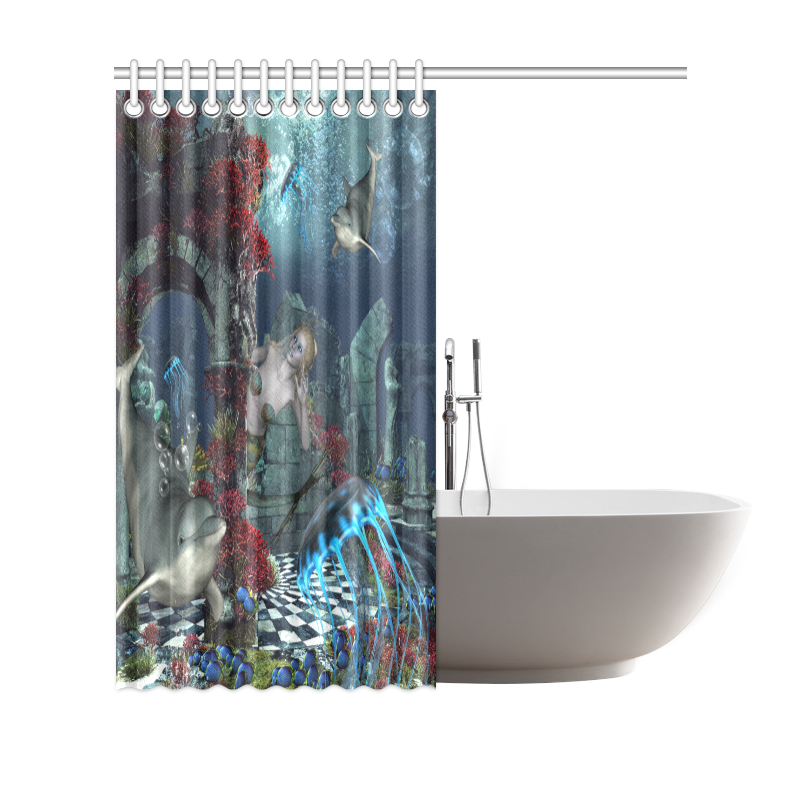 Beautiful mermaid swimming with dolphin Shower Curtain 69"x70"