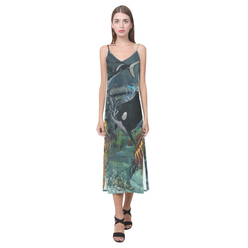 Amazing orcas V-Neck Open Fork Long Dress(Model D18)