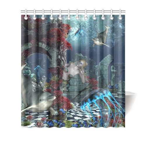 Beautiful mermaid swimming with dolphin Shower Curtain 66"x72"