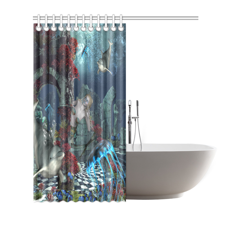 Beautiful mermaid swimming with dolphin Shower Curtain 66"x72"