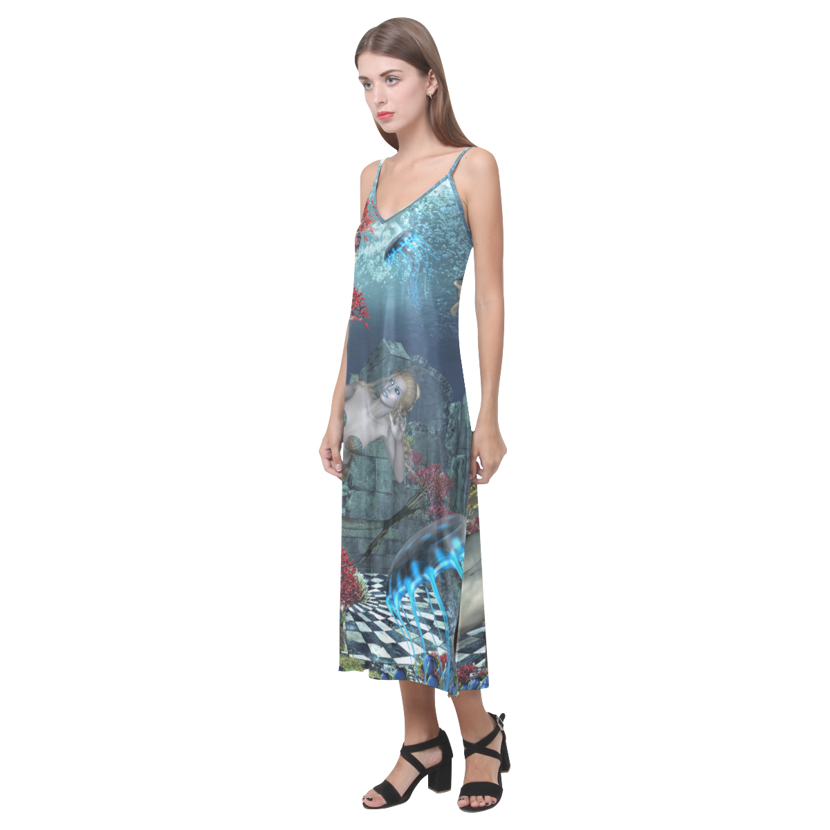 Beautiful mermaid swimming with dolphin V-Neck Open Fork Long Dress(Model D18)