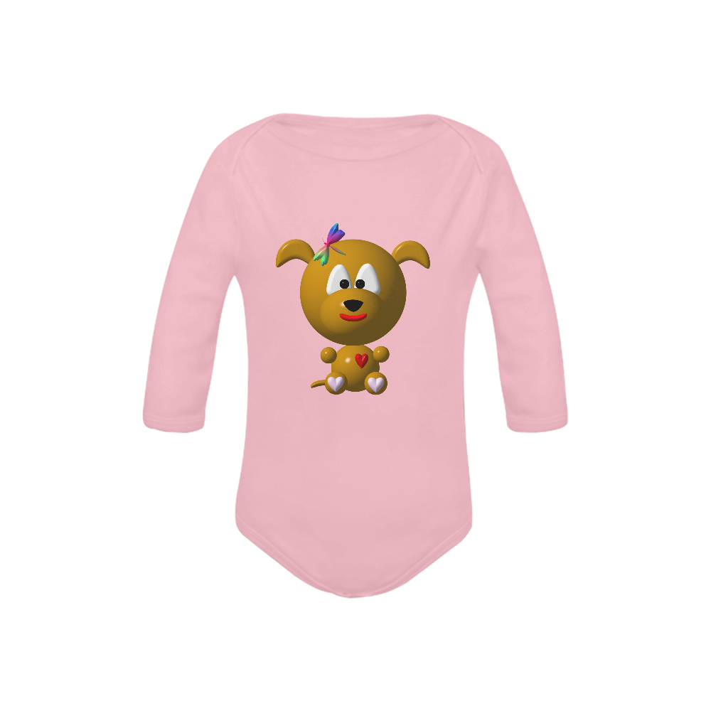 Cute Critters with Heart Dog with Dragonfly on Pink Baby Powder Organic Long Sleeve One Piece (Model T27)