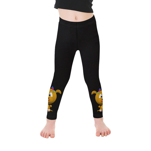 Cute Critters with Heart Dog with Dragonfly on Black Kid's Ankle Length Leggings (Model L06)