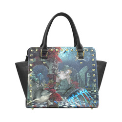 Beautiful mermaid swimming with dolphin Rivet Shoulder Handbag (Model 1645)