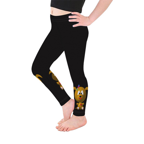 Cute Critters with Heart Dog with Dragonfly on Black Kid's Ankle Length Leggings (Model L06)