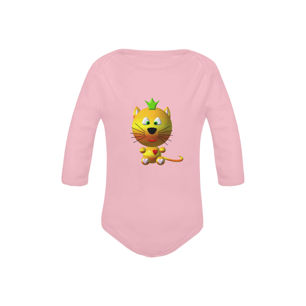 Cute Critters with Heart Cat with Crown on Pink Baby Powder Organic Long Sleeve One Piece (Model T27)