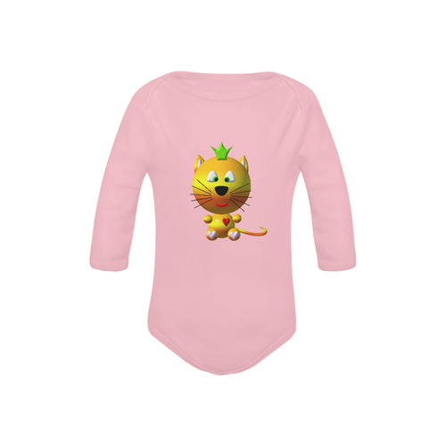 Cute Critters with Heart Cat with Crown on Pink Baby Powder Organic Long Sleeve One Piece (Model T27)