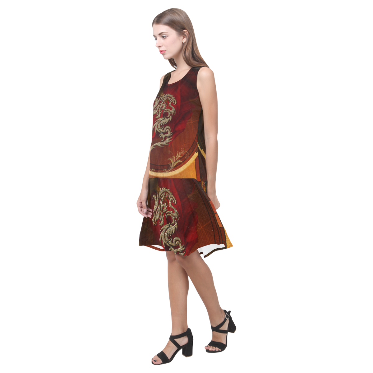 Dragon, tribal design Sleeveless Splicing Shift Dress(Model D17)