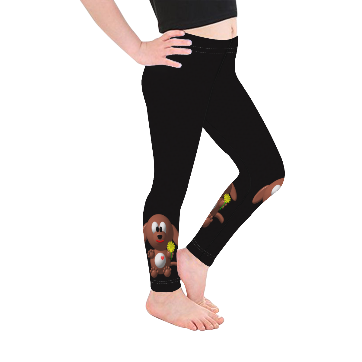 Cute Critters with Heart Dog with Dandelion on Black Kid's Ankle Length Leggings (Model L06)