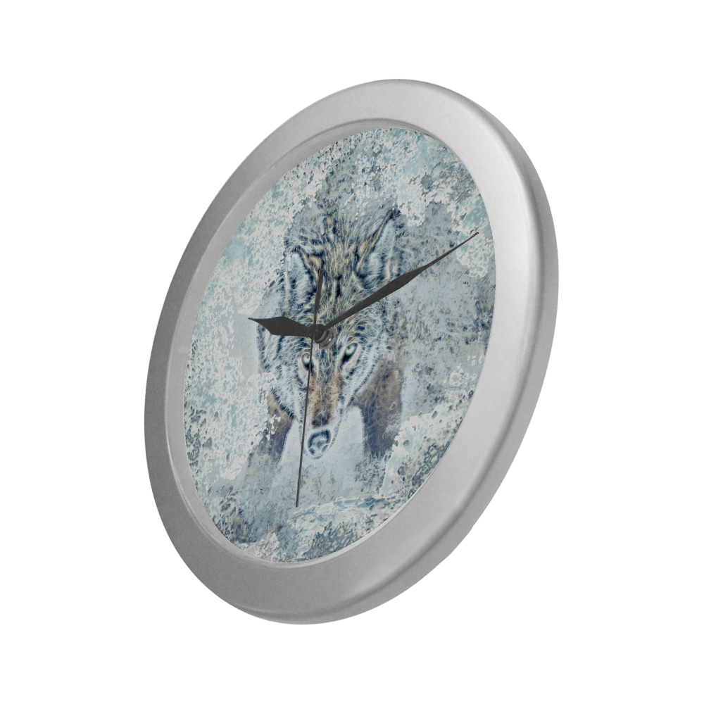 Snow Wolf Silver Color Wall Clock