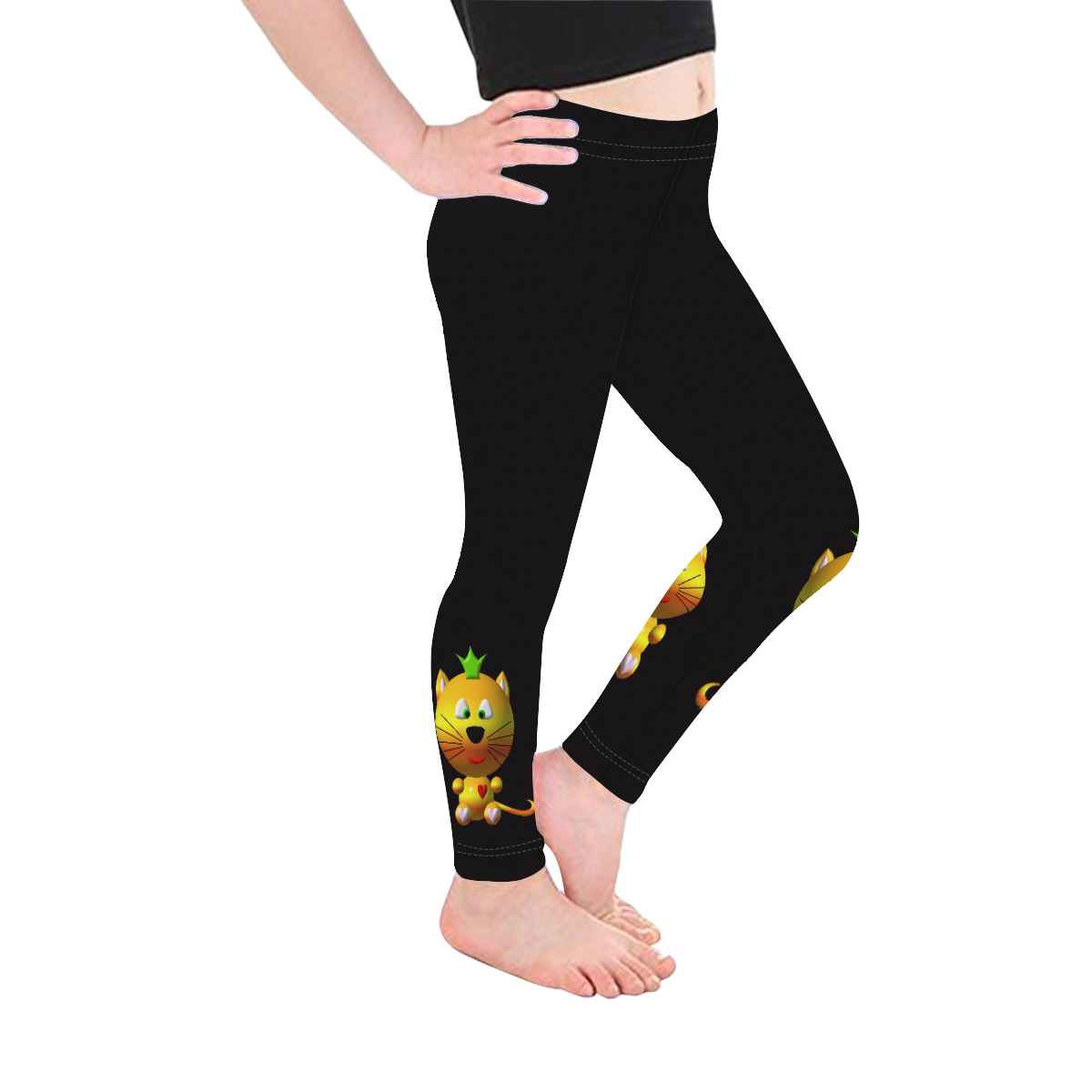 Cute Critters with Heart Cat with Crown on Black Kid's Ankle Length Leggings (Model L06)