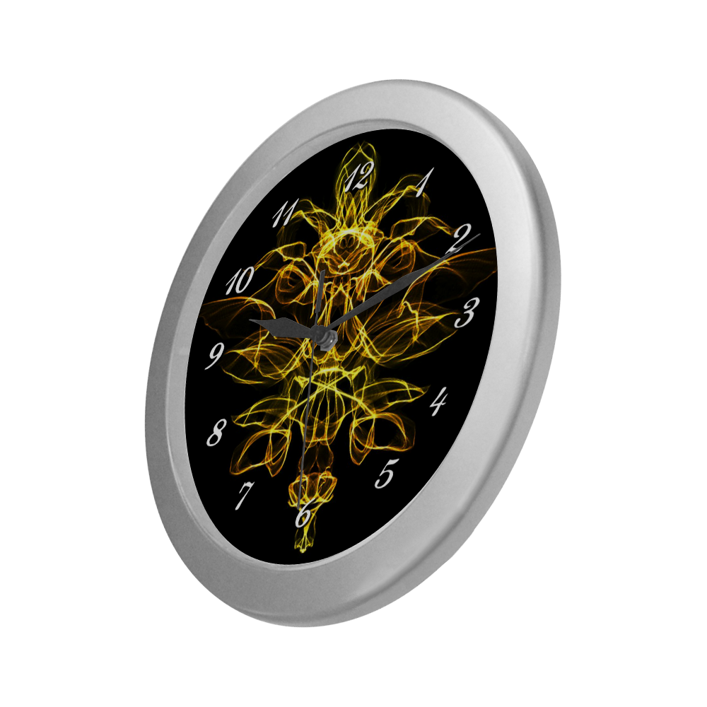 Yellow Flame Floral Silver Color Wall Clock