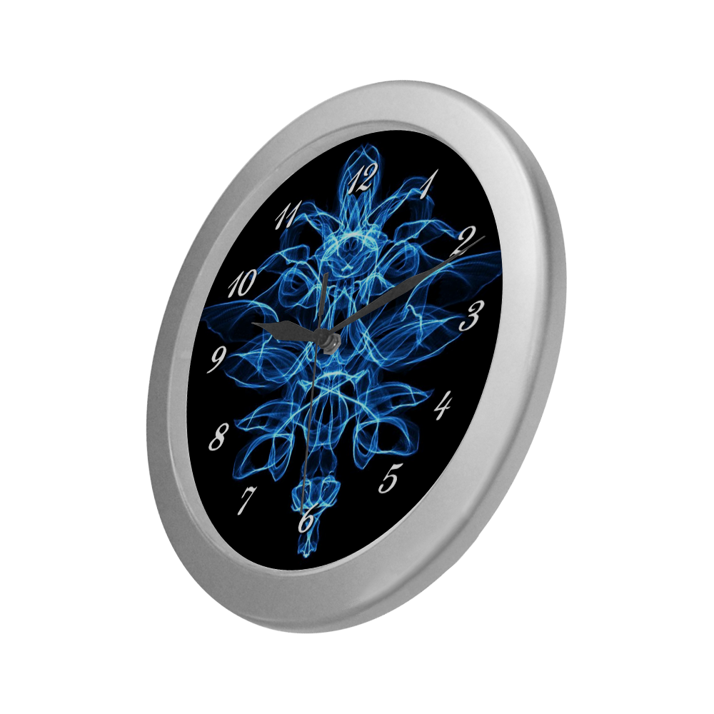 Blue Flame Floral Silver Color Wall Clock