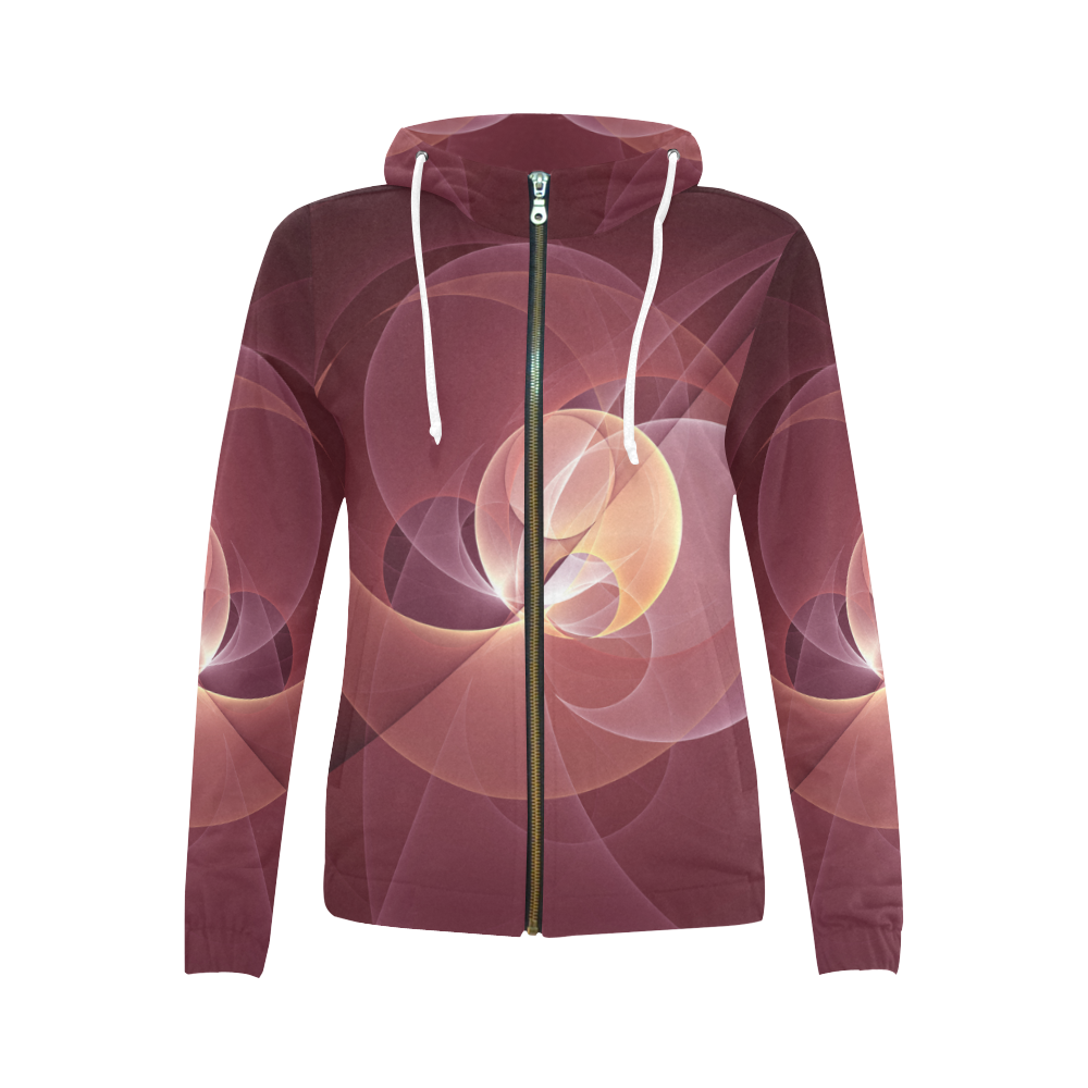 Movement Abstract Modern Wine Red Pink Fractal Art All Over Print Full Zip Hoodie for Women (Model H14)
