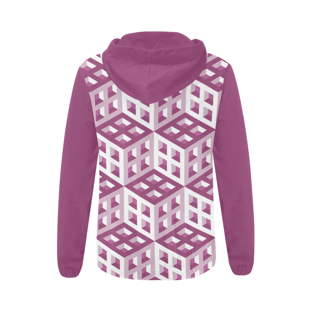 3D Pattern Lilac Pink White Fractal Art All Over Print Full Zip Hoodie for Women (Model H14)