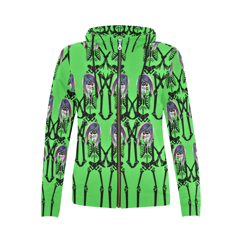 Skeleton sugarskull day of the dead in green All Over Print Full Zip Hoodie for Women (Model H14)
