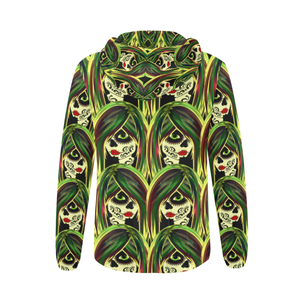 Fashionista sugarskull gals - green All Over Print Full Zip Hoodie for Women (Model H14)