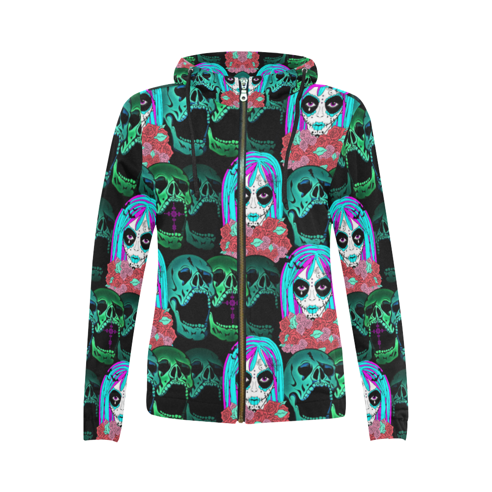 Goth sugarskull with attitude All Over Print Full Zip Hoodie for Women (Model H14)