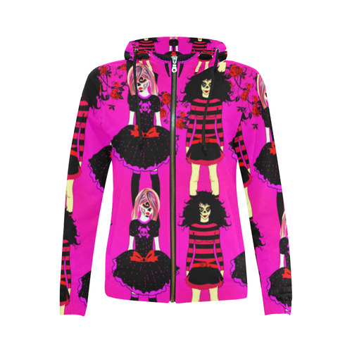 Day of the dead sugarskull friends - pink All Over Print Full Zip Hoodie for Women (Model H14)