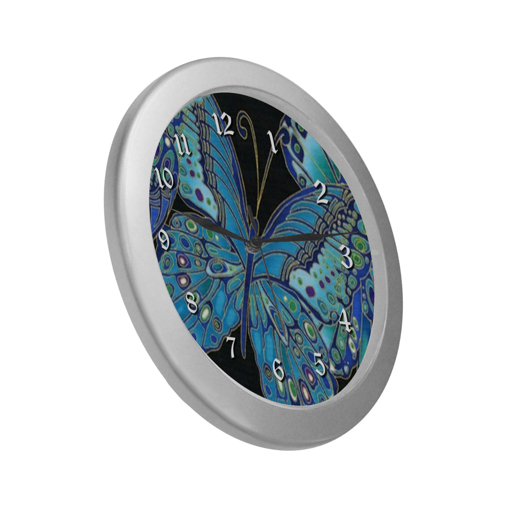 Teal Butterfly Pattern Silver Color Wall Clock