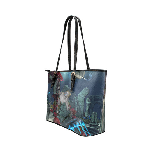 Beautiful mermaid swimming with dolphin Leather Tote Bag/Large (Model 1651)