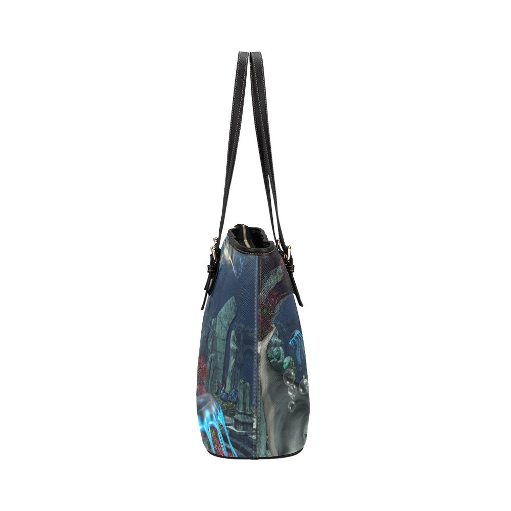 Beautiful mermaid swimming with dolphin Leather Tote Bag/Small (Model 1651)