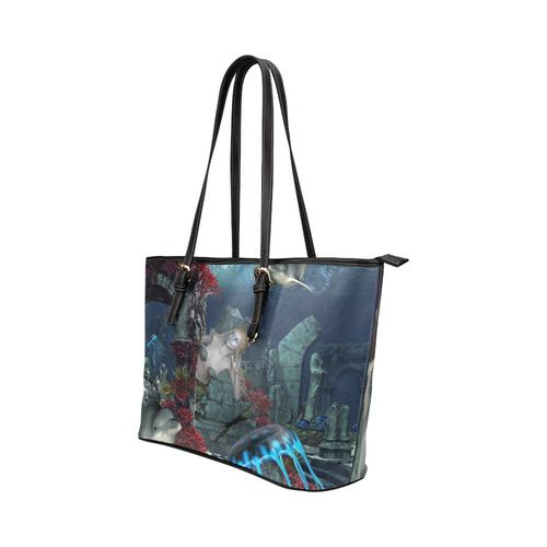 Beautiful mermaid swimming with dolphin Leather Tote Bag/Small (Model 1651)