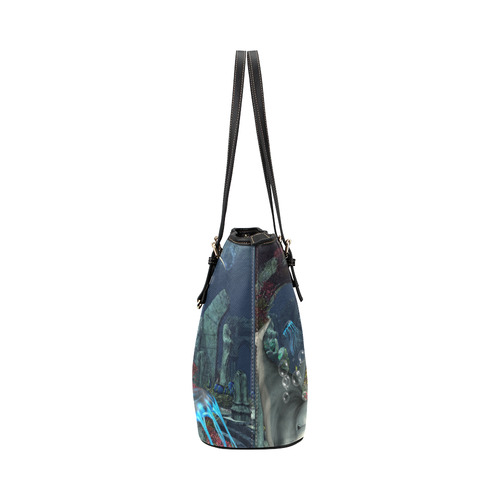 Beautiful mermaid swimming with dolphin Leather Tote Bag/Large (Model 1651)