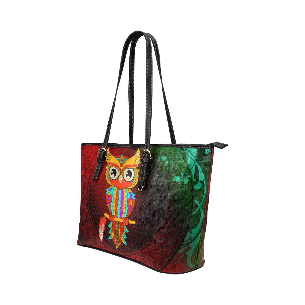 Cute owl, mandala design Leather Tote Bag/Large (Model 1651)
