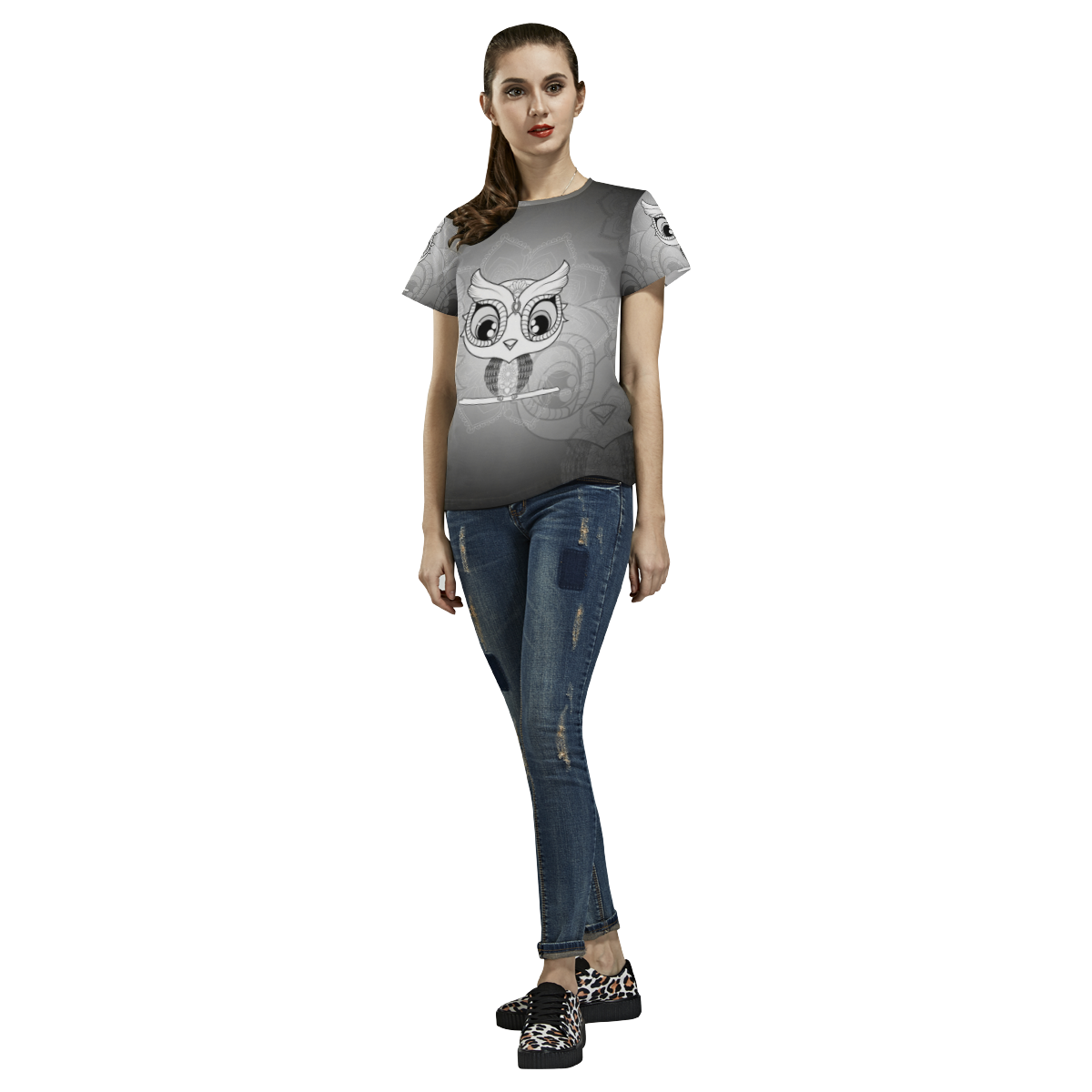Cute owl, mandala design black and white All Over Print T-Shirt for Women (USA Size) (Model T40)