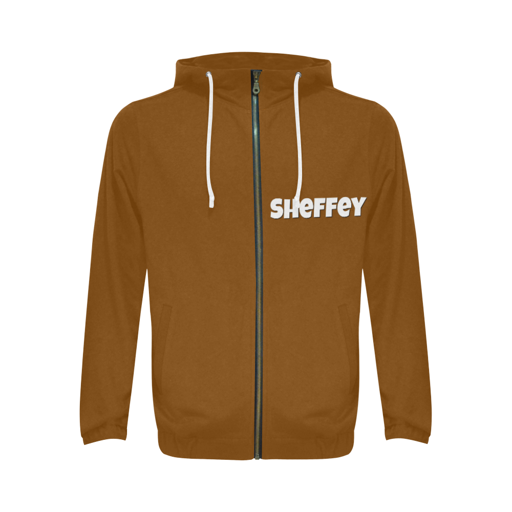 Sheffey Font - White on Brown All Over Print Full Zip Hoodie for Men (Model H14)