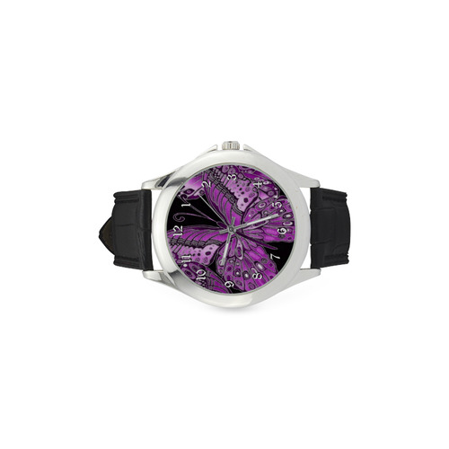 Pink Butterfly Pattern Women's Classic Leather Strap Watch(Model 203)