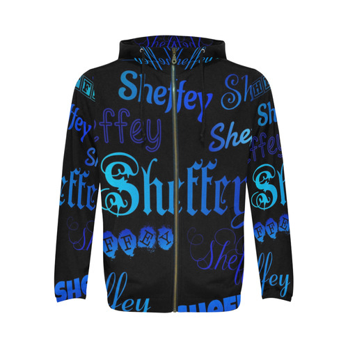 Sheffey Fonts - Shades of Blue on Black All Over Print Full Zip Hoodie for Men (Model H14)