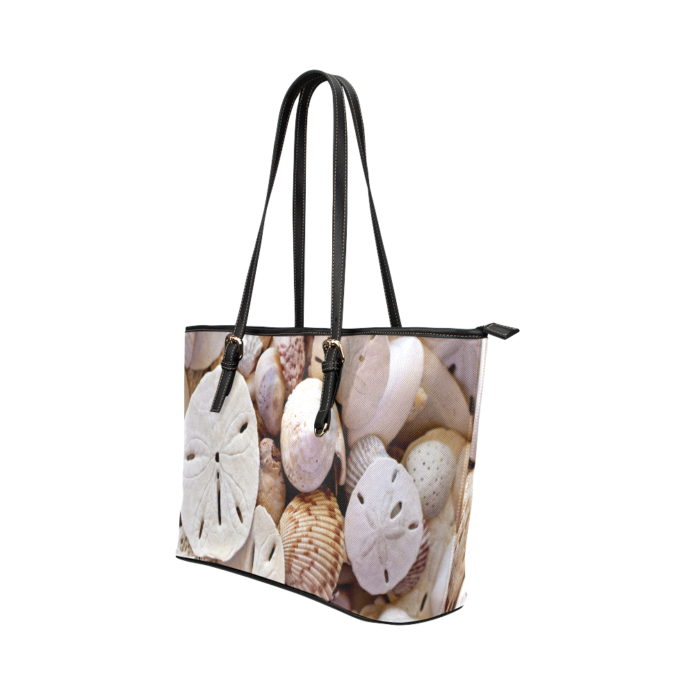 Seashells And Sand Dollars Leather Tote Bag/Large (Model 1651)