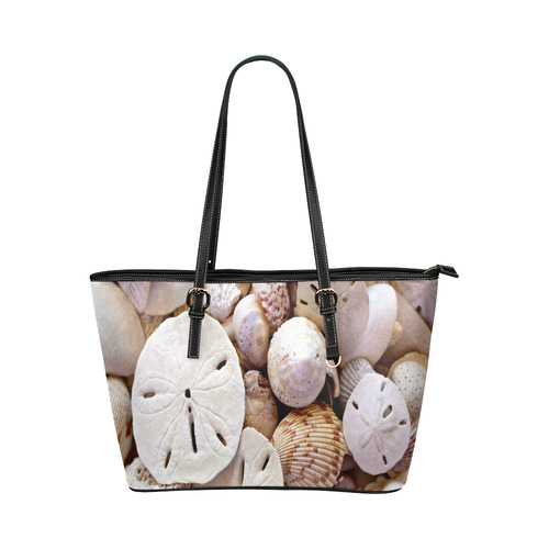 Seashells And Sand Dollars Leather Tote Bag/Small (Model 1651)