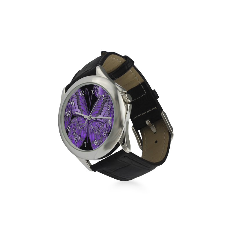 Purple Butterfly Pattern Women's Classic Leather Strap Watch(Model 203)