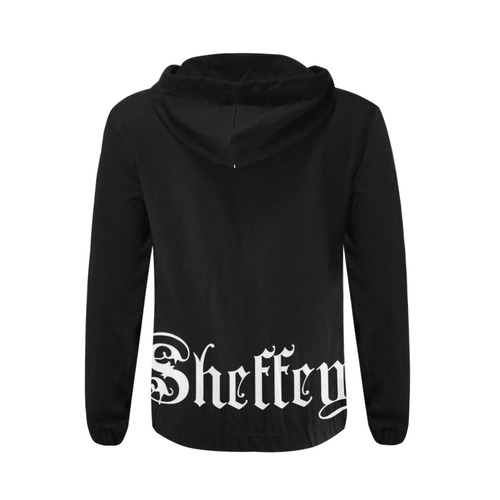 Sheffey - White Text on Black All Over Print Full Zip Hoodie for Men (Model H14)