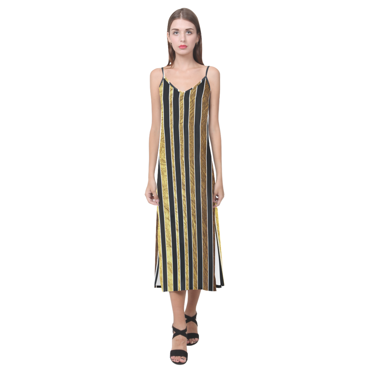 Gold & Black Glam dress. V-Neck Open Fork Long Dress(Model D18)