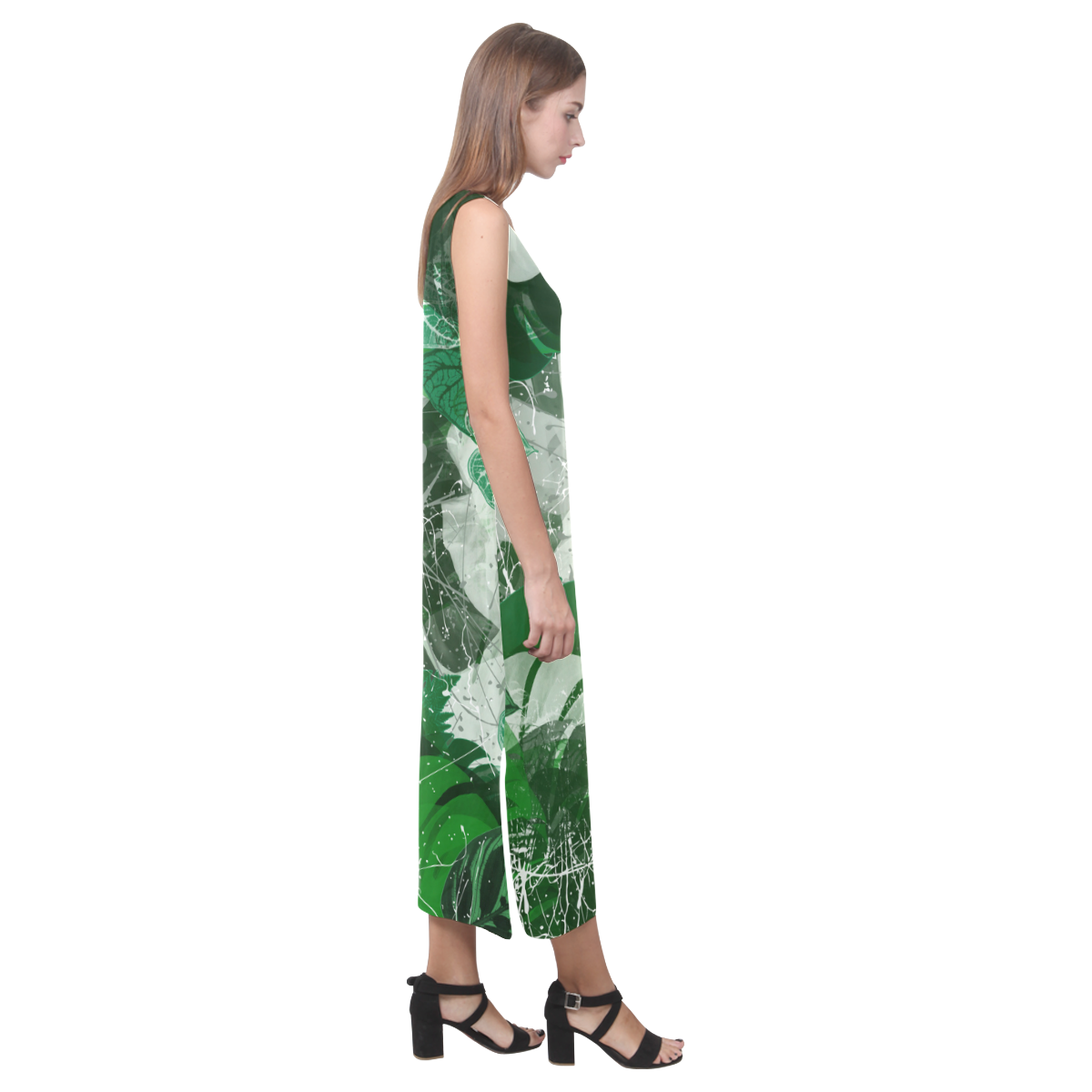 Tropical leaves Phaedra Sleeveless Open Fork Long Dress (Model D08)