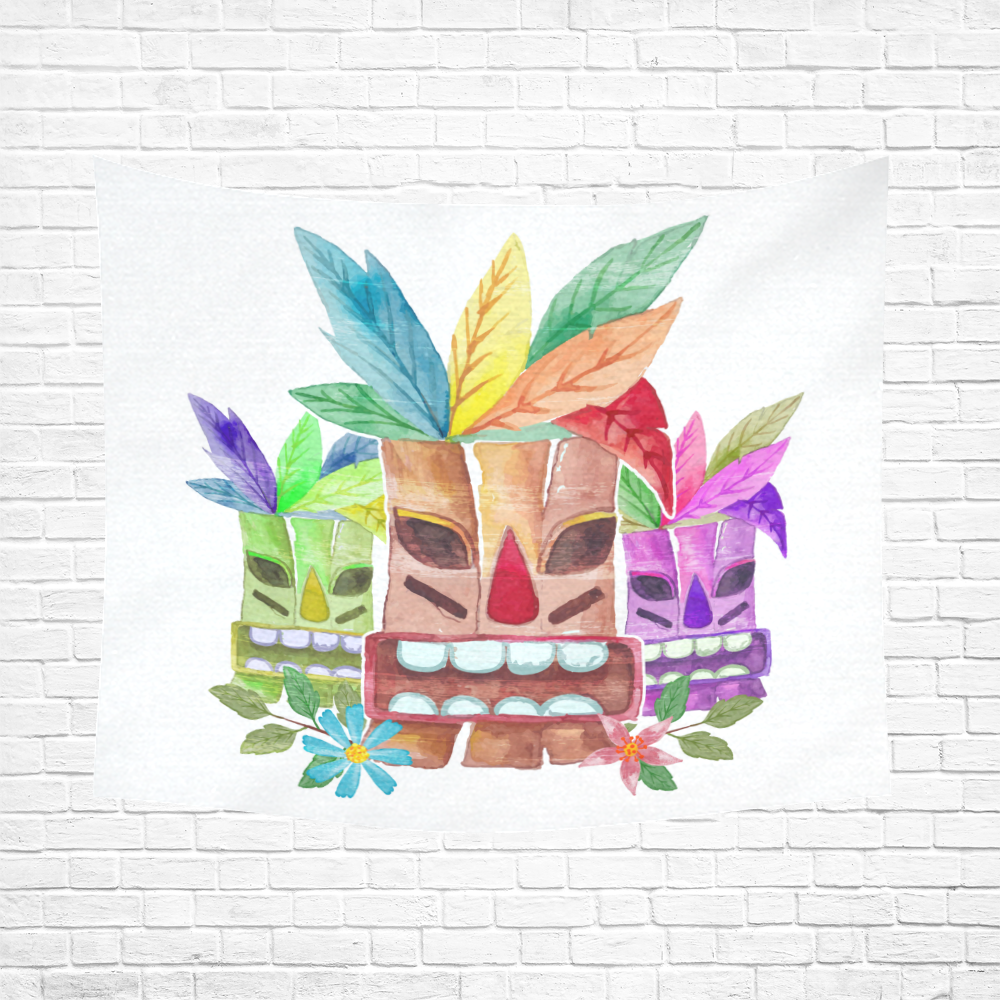 Tiki Mask Watercolor Floral Summer Fun Cotton Linen Wall Tapestry 60"x 51"