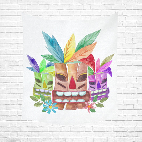Tiki Mask Watercolor Floral Summer Fun Cotton Linen Wall Tapestry 51"x 60"