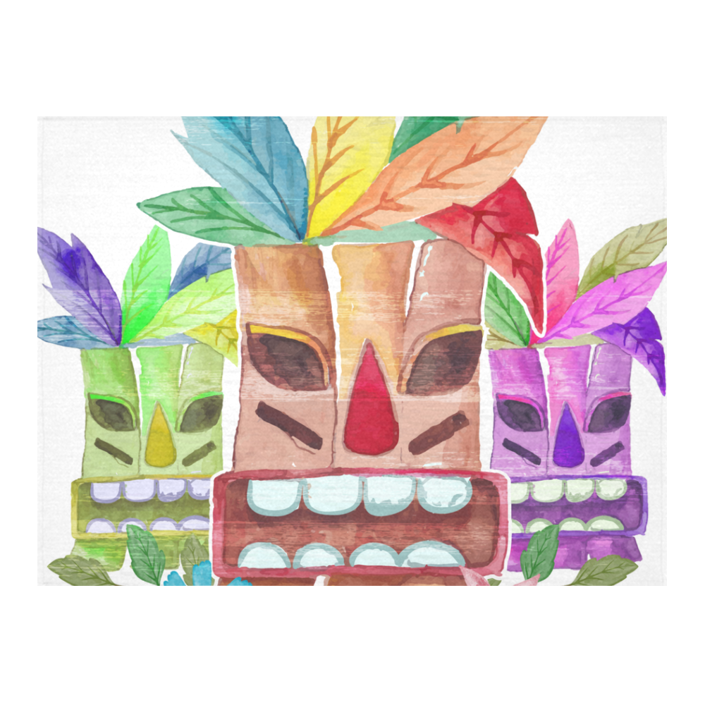 Tiki Mask Watercolor Floral Summer Fun Cotton Linen Tablecloth 52"x 70"