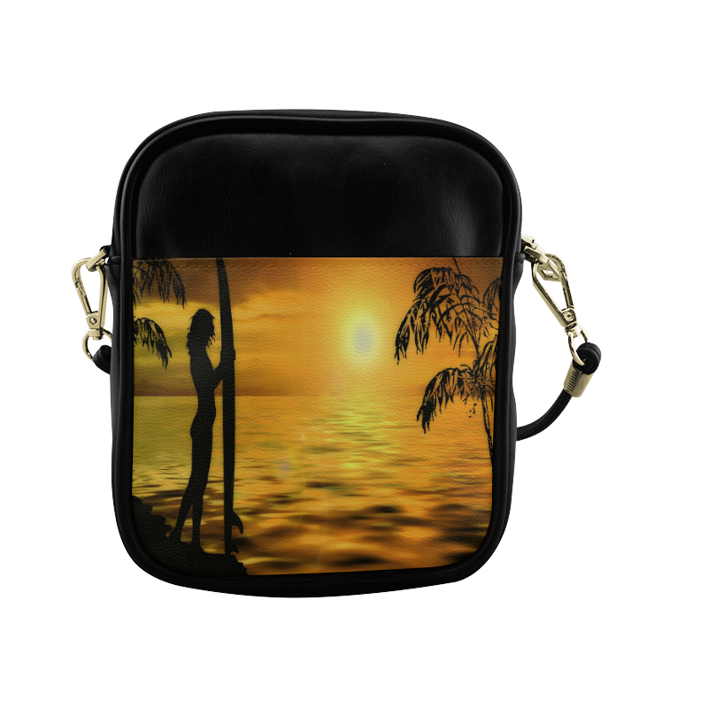 Sunset Surf Girl Gold Sling Bag (Model 1627)