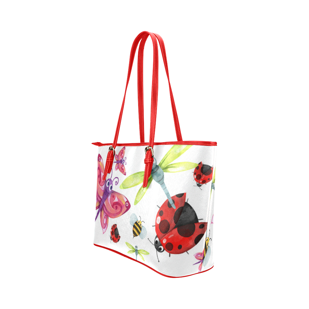 Cute Bee Butterfly Dragonfly Ladybug Leather Tote Bag/Large (Model 1651)