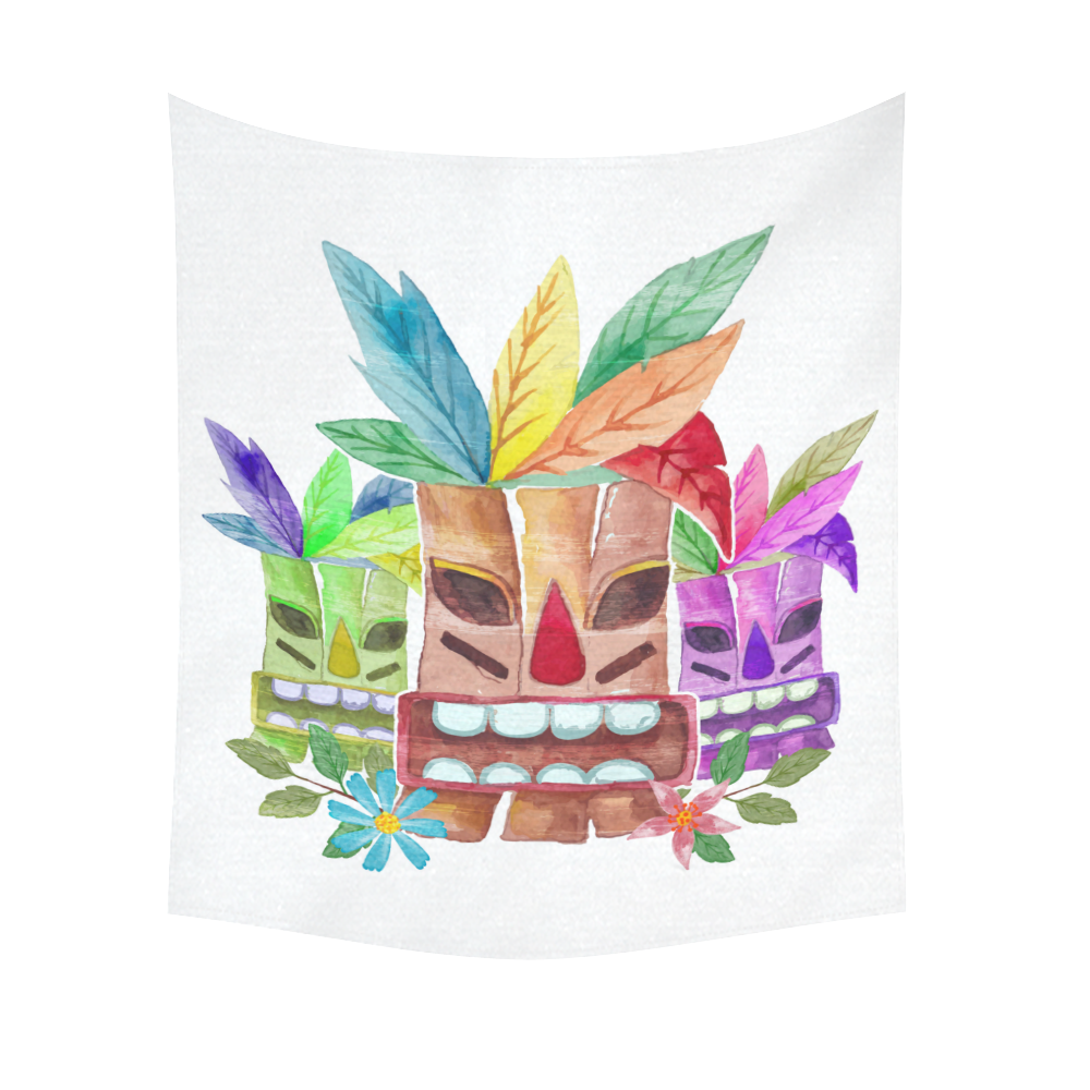 Tiki Mask Watercolor Floral Summer Fun Cotton Linen Wall Tapestry 51"x 60"