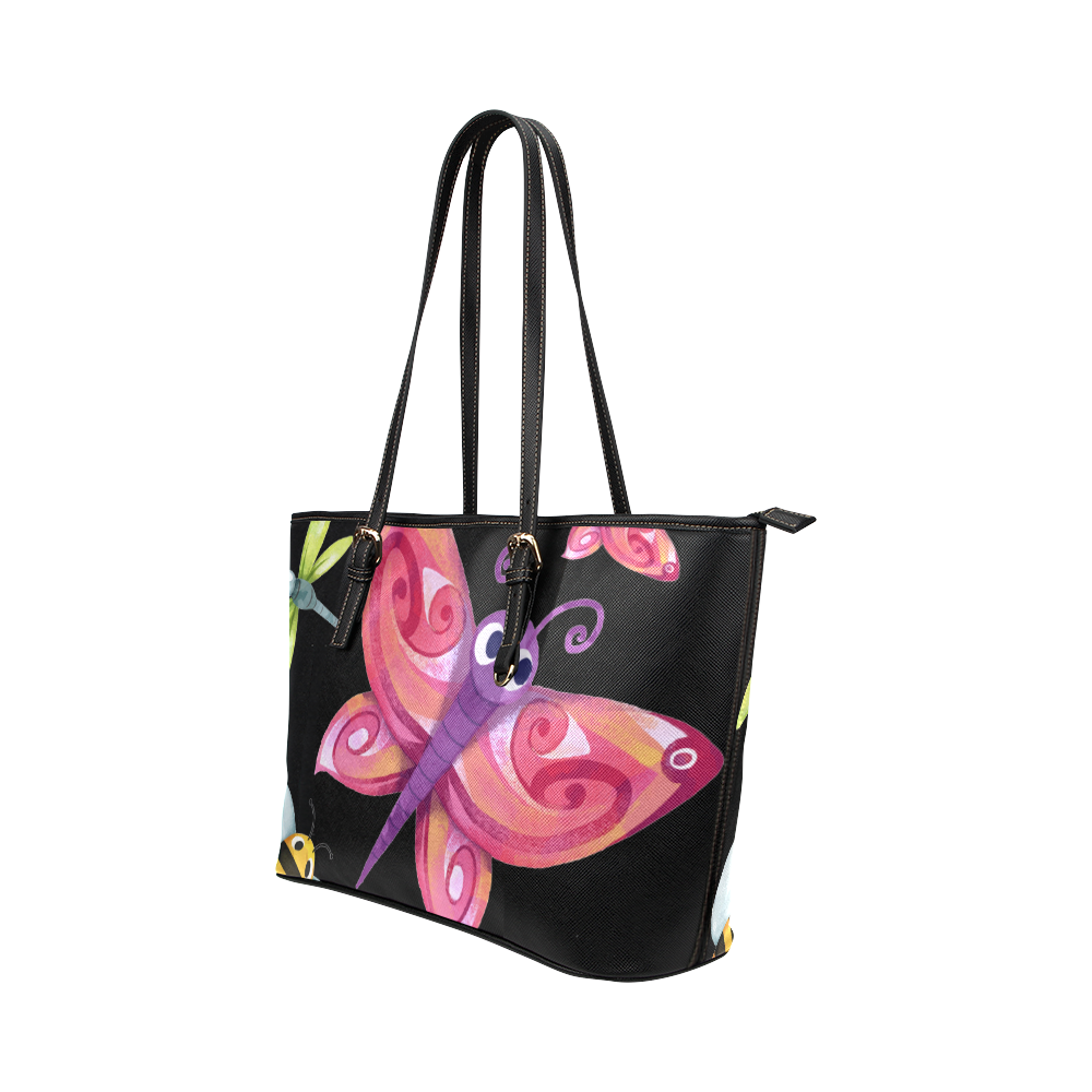 Cute Bee Butterfly Dragonfly Ladybug Leather Tote Bag/Large (Model 1651)