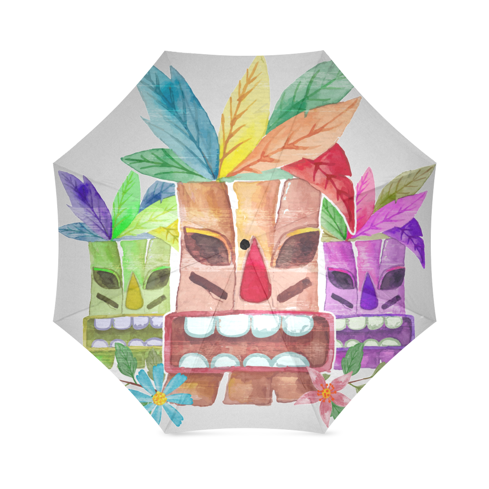 Tiki Mask Watercolor Floral Summer Fun Foldable Umbrella (Model U01)