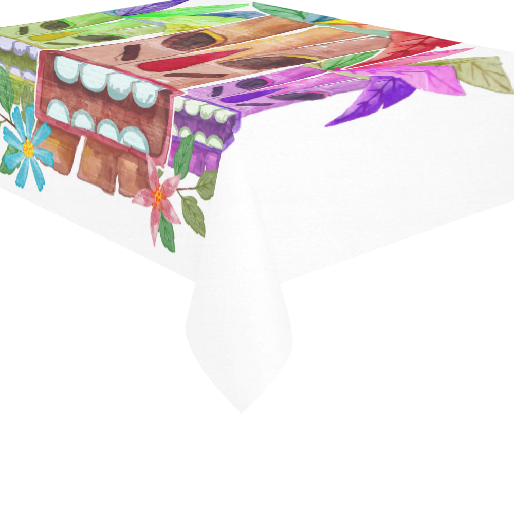 Tiki Mask Watercolor Floral Summer Fun Cotton Linen Tablecloth 60"x 84"