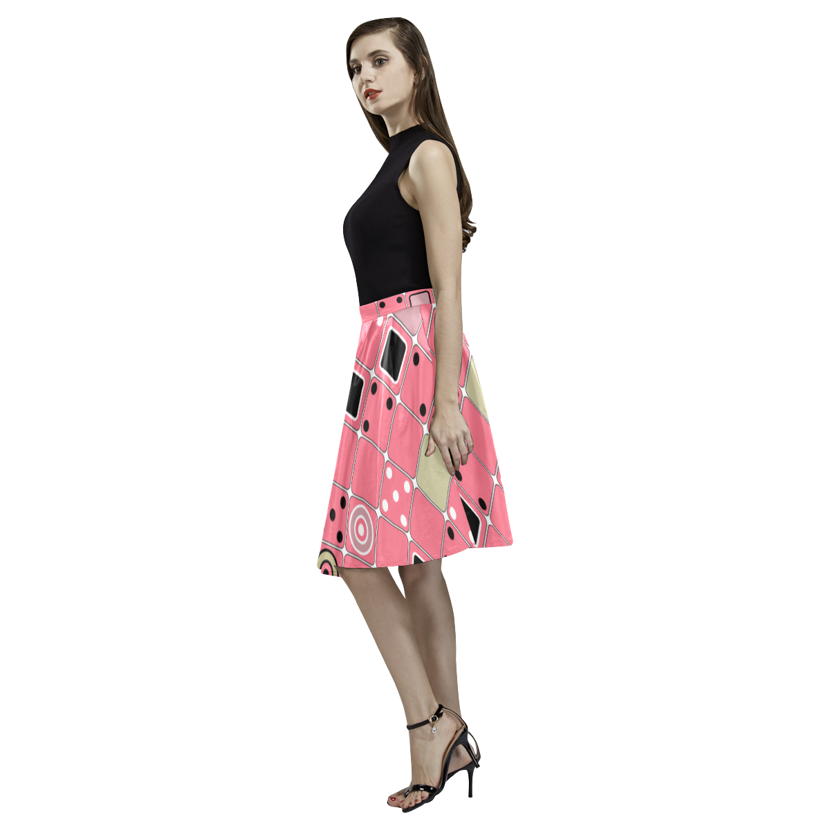 Abstract bright pink pattern Melete Pleated Midi Skirt (Model D15)