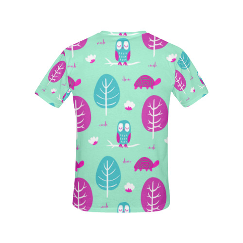 Pink Aqua Cute Owl Turtle Tree All Over Print T-Shirt for Women (USA Size) (Model T40)